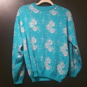 Vintage turquoise sweater  silver metallic Roses